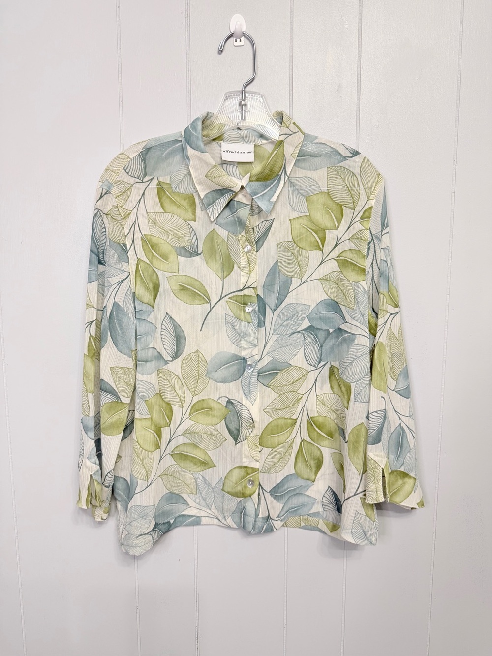 #17)  Alfred Dunner Leaf-Print Button-Down Shirt in Green and Blue - Picture 1 of 7